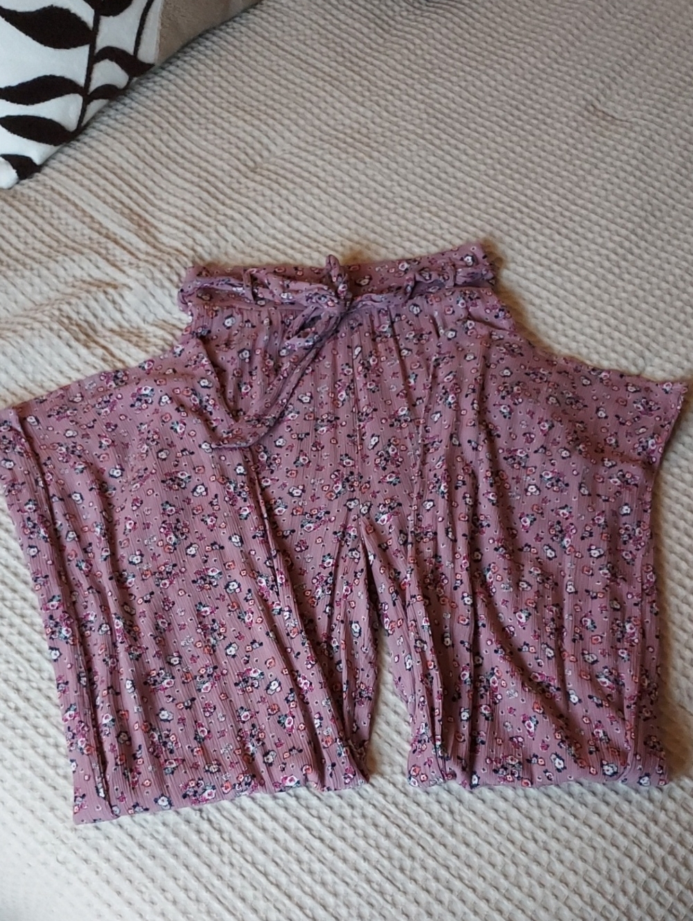 Women's Lavender Floral Flowy Pants with Tie Waist